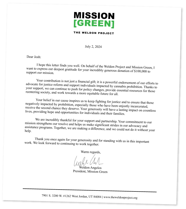 Letter to josh kesselman from Weldon Angelos at Mission Green