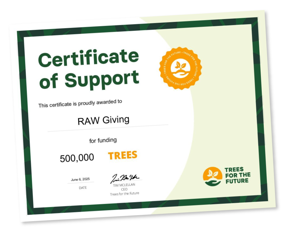 Certificate of Support - RAW Giving - Trees for the Future