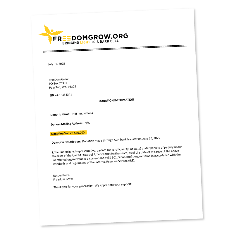 Donation letter from Freedom Grow - Josh Kesselman donates $10k to Freedom Grow